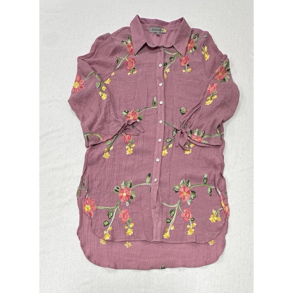 Figueroa & Flower Womens Tunic Top Floral Embroidered Button Down L Whimsy